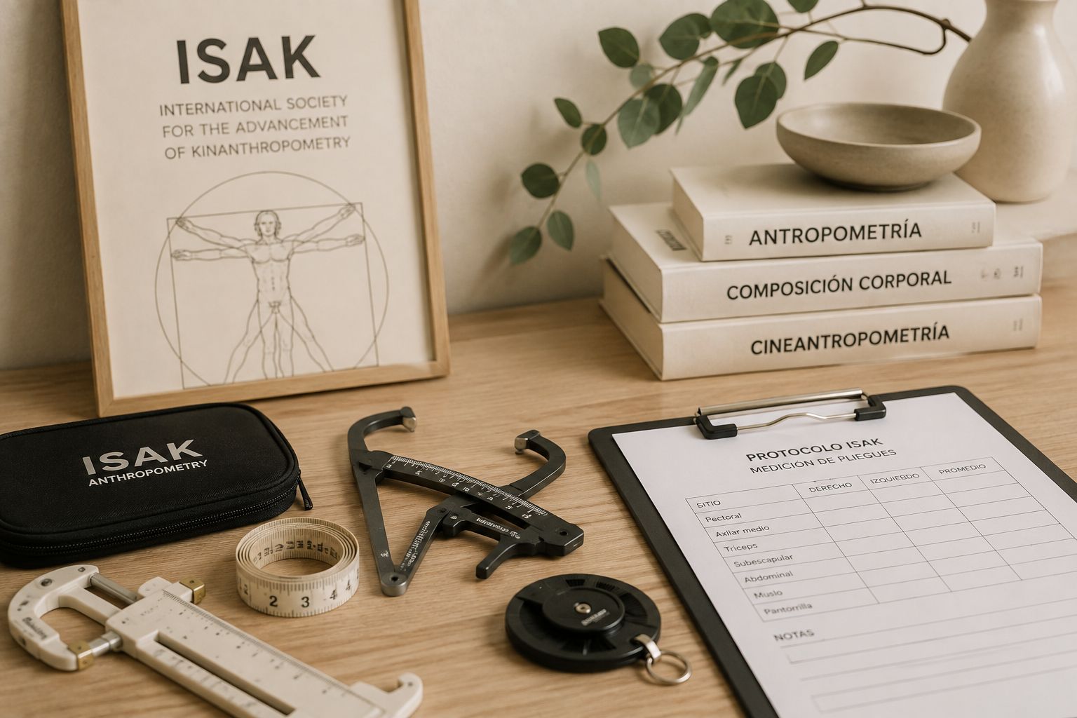 Los instrumentos de la antropometría ISAK sobre el escritorio: calibre de pliegues, cinta métrica, paquímetro, estuche y la planilla del protocolo