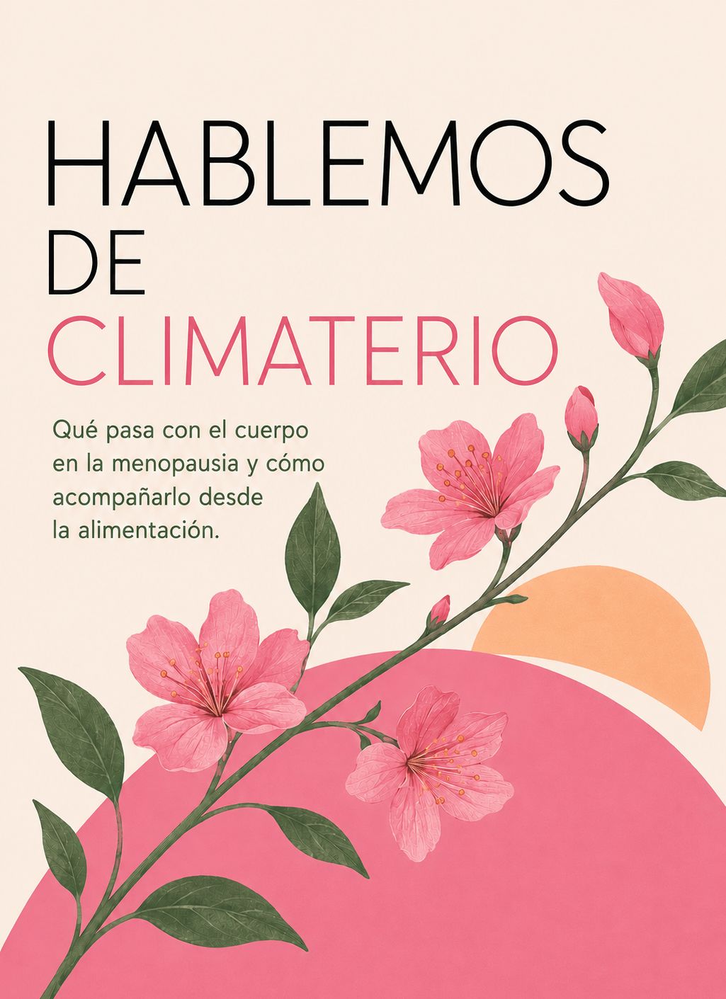 Portada de la guía de climaterio: una rama con flores rosadas sobre un sol naciente