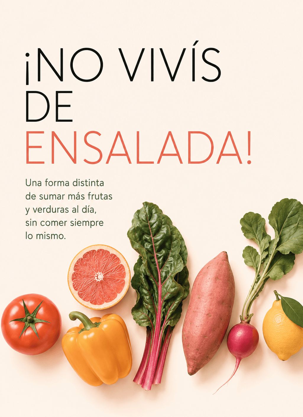 Portada de la guía de frutas y verduras: tomate, morrón, acelga, batata, rabanito y limón en fila