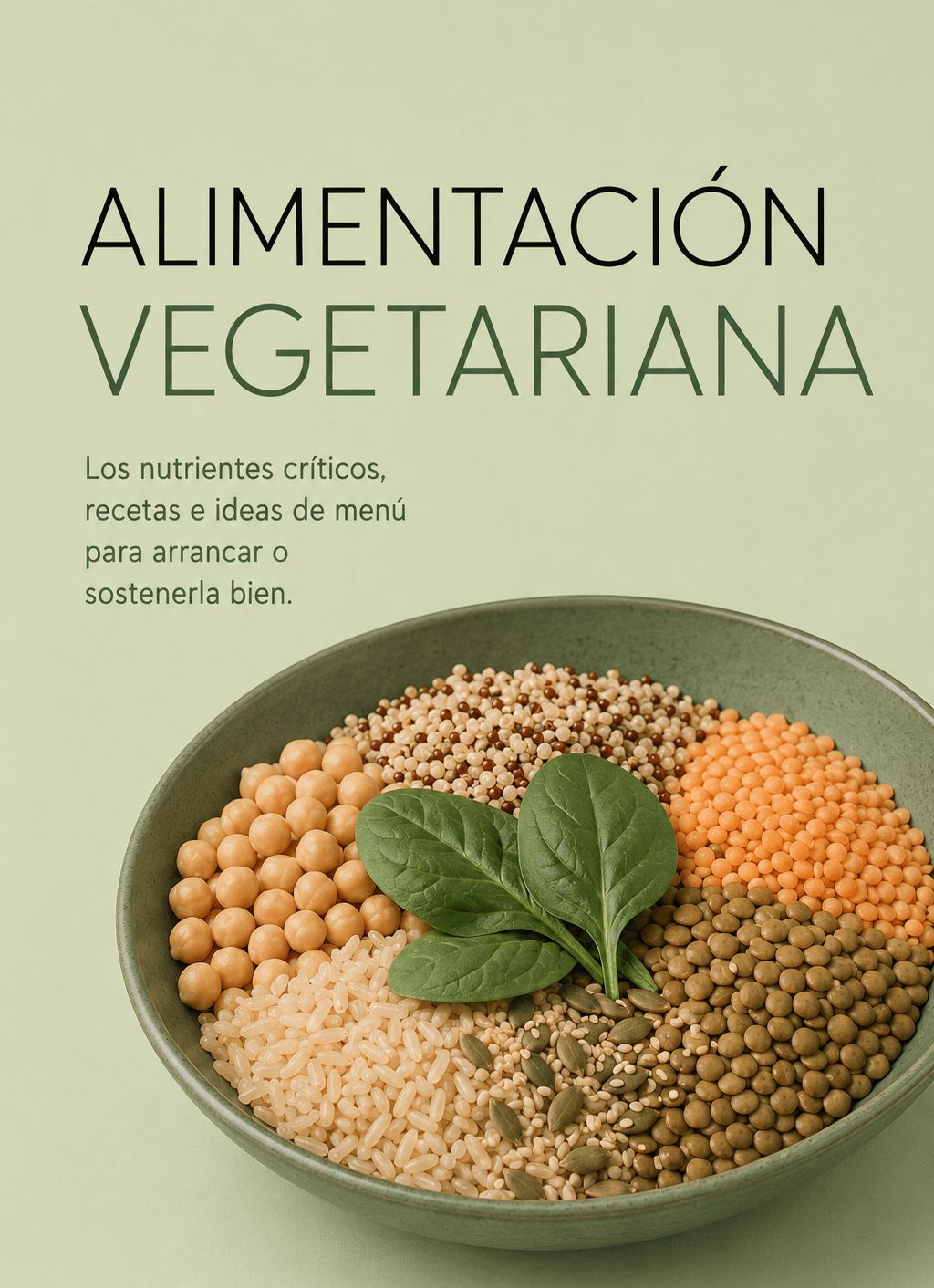 Portada de la guía vegetariana: un bowl con garbanzos, arroz, quinoa, lentejas y semillas